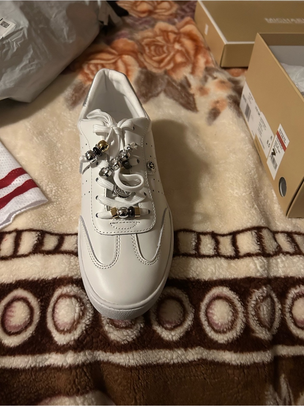 Michael Kors White Leather Lace-Up Sneakers with Metallic Bead Accents